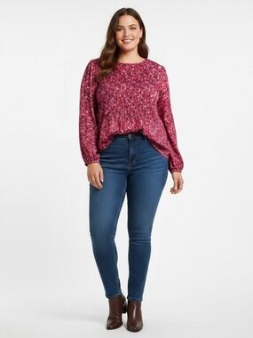 4X Addition Elle Pink Floral Boho Blouse – Smocked Style, Button Back